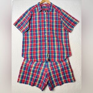 VNTG Koret Multi Rainbow Plaid Seersucker Button Up Shorts 90s Oversize Sz 18W
